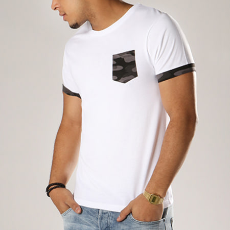 LBO - Tee Shirt Avec Poche Et Revers Camouflage Militaire 292 Blanc
