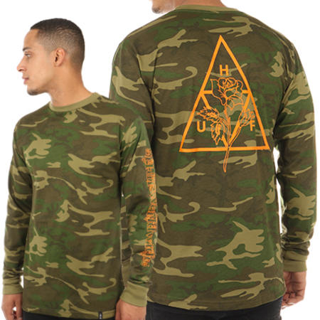 HUF - Tee Shirt Manches Longues Triple Triangle Rose Camouflage Vert Kaki 