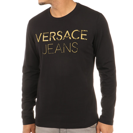 Versace Jeans Couture - Tee Shirt Manches Longues Flash Print Line Noir Doré