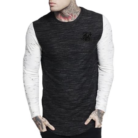 SikSilk - Tee Shirt Manches Longues Oversize Inject Waffle Contrast Gym Noir Chiné Blanc