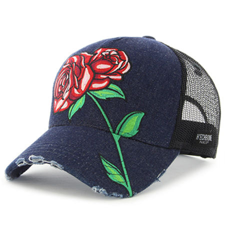 Hechbone - Casquette Trucker Avec Broderies Florales Rose Bleu Denim