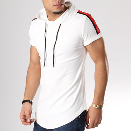 John H - Tee Shirt Capuche Oversize Bandes Brodées Velours 557 Blanc