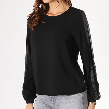 Only - Tee Shirt Manches Longues Bande Brodée Femme Madison Noir