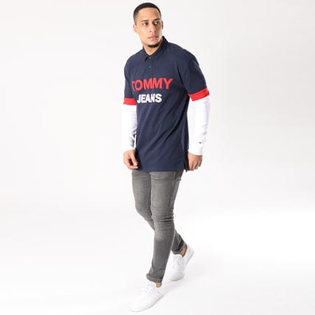 Tommy Hilfiger - Polo Manches Longues Oversize Logo Rugby Bleu Marine Blanc Rouge