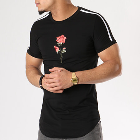 John H - Tee Shirt Oversize Avec Bandes 1809 Noir Floral