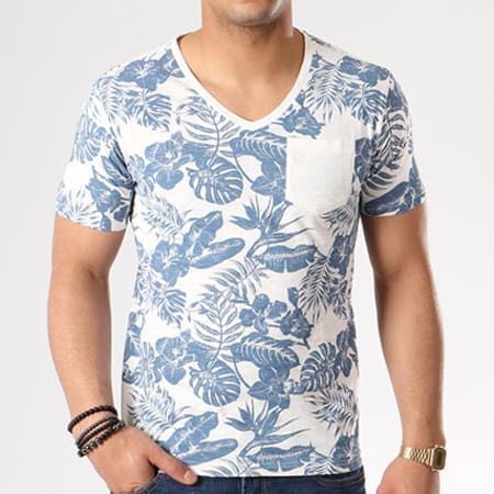 The Fresh Brand - Tee Shirt Poche SHTF471 Blanc Cassé Floral Bleu Marine