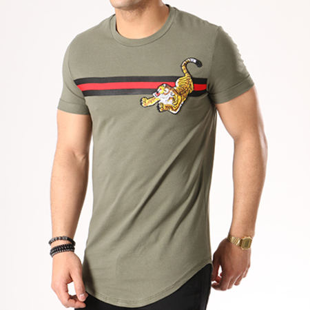 VIP Clothing - Tee Shirt Oversize Tigre Bandes Brodés 1757 Vert Kaki