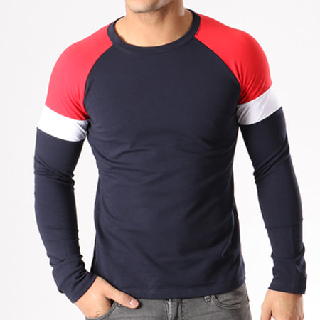 Aarhon - Tee Shirt Manches Longues Tricolore 18-020 Bleu Marine Blanc Rouge