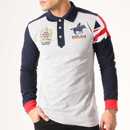 Geographical Norway - Polo Manches Longues Patchs Brodés Koduk Gris Chiné Bleu Marine
