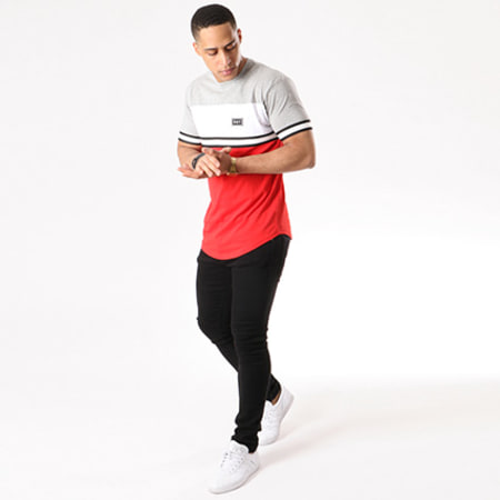 Unkut - Tee Shirt Oversize Avec Bandes Deck Rouge Gris Chiné Blanc