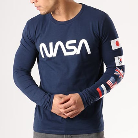 NASA - Maglietta a maniche lunghe con bandiere blu navy