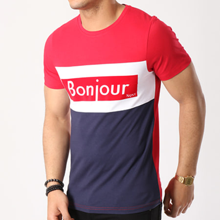 NQNT - Tee Shirt Bonjour Bleu Marine Blanc Rouge
