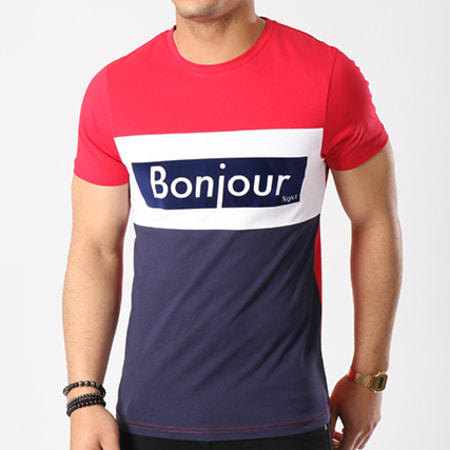 NQNT - Tee Shirt Bonjour 2 Bleu Marine Blanc Rouge
