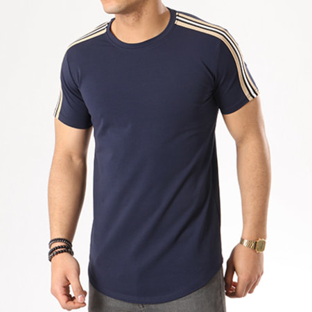 Gov Denim - Tee Shirt Oversize Avec Bandes 181003 Bleu Marine Beige