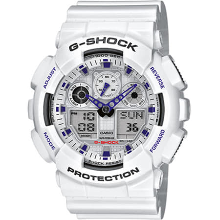 G-Shock - Montre G-Shock GA-100A-7AER Blanc Bleu Roi