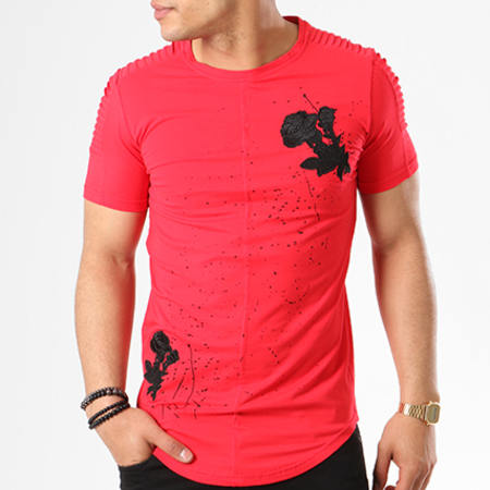 Zayne Paris  - Tee Shirt Oversize Avec Broderies Florales TX-102 Rouge