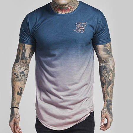 SikSilk - Tee Shirt Oversize Curved Hem Faded 12404 Bleu Marine Dégradé Rose Pale