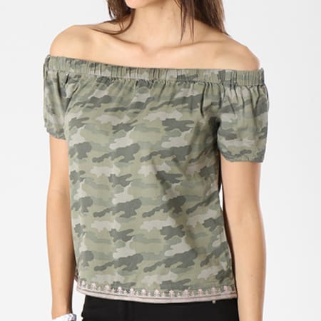Only - Tee Shirt Femme India Offshoulder Vert Kaki Camouflage