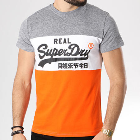 Superdry - Tee Shirt Vintage Logo Panel Gris Chiné Blanc Orange