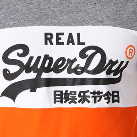 Superdry - Tee Shirt Vintage Logo Panel Gris Chiné Blanc Orange