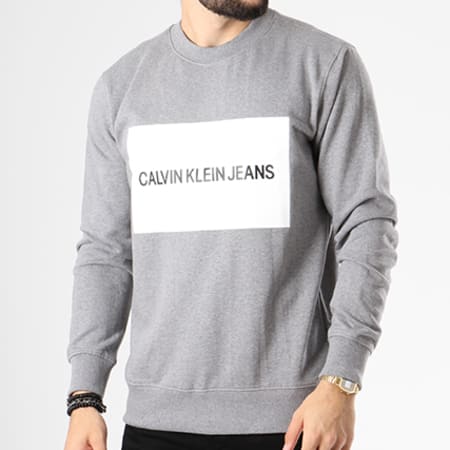 Calvin Klein - Sweat Crewneck Institutional Box Logo 7744 Gris Chiné Blanc