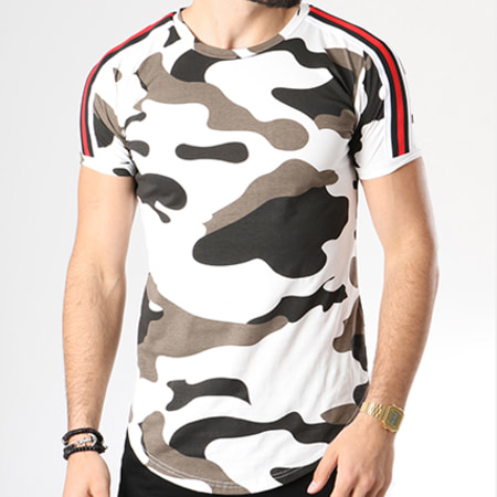 John H - Tee Shirt Oversize Avec Bandes 1870 Blanc Marron Camouflage