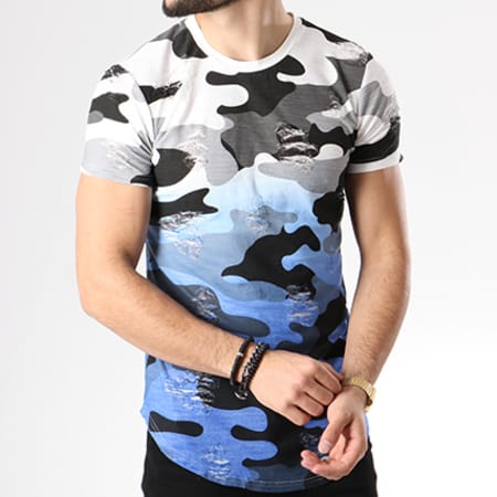 John H - Tee Shirt Oversize 151 Blanc Dégradé Bleu Camouflage