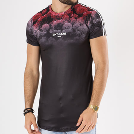 Sixth June - Tee Shirt Oversize Bandes Brodées M3456VTS Noir Floral Rouge