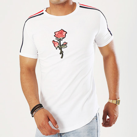 John H - Tee Shirt Oversize Avec Bandes 1809 Blanc Floral Rouge