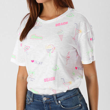 Only - Tee Shirt Femme Bone Neon Print Top Box Blanc Rose