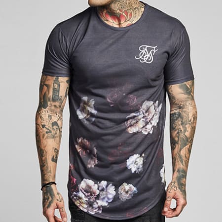 SikSilk - Tee Shirt Oversize Curved Hem Fade 12109 Gris Anthracite Floral