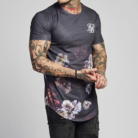 SikSilk - Tee Shirt Oversize Curved Hem Fade 12109 Gris Anthracite Floral