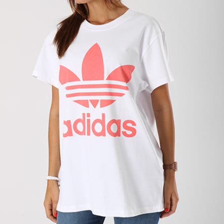 Adidas Originals - Tee Shirt Oversize Femme Trefoil DH4429 Blanc Rose