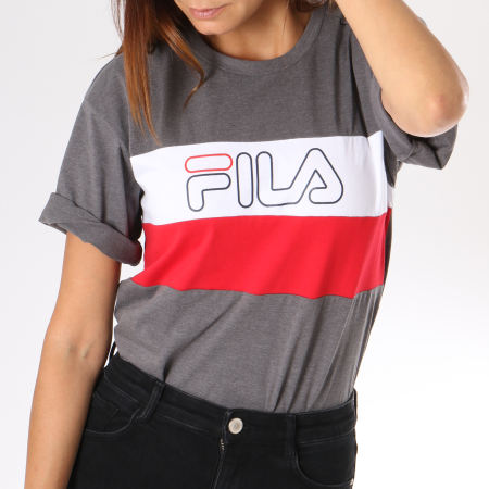 Fila - Tee Shirt Femme Lei 682062 Gris Anthracite Chiné Blanc Rouge