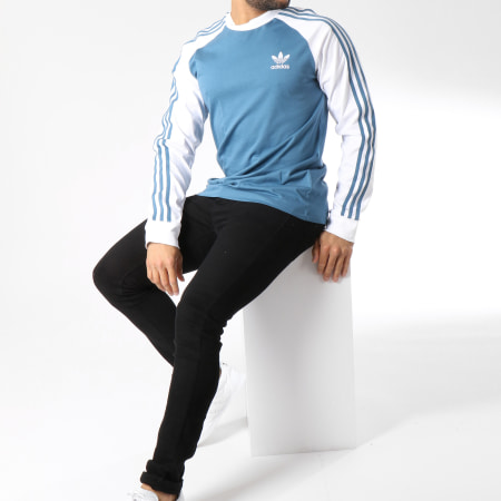 Adidas Originals - Tee Shirt Manches Longues Bandes Brodées 3 Stripes DH5793 Bleu Clair Blanc
