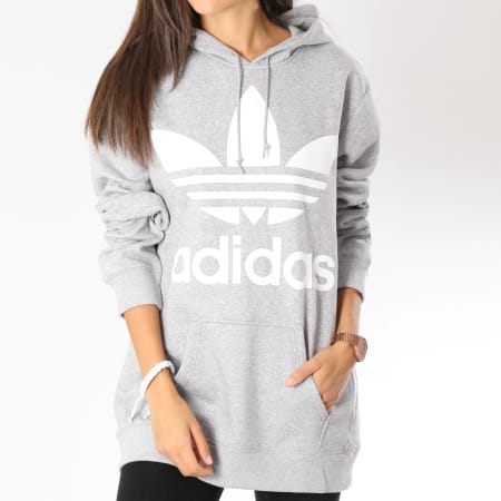 Adidas Originals - Sweat Capuche Oversize Femme Big Trefoil DH3154 Gris Chiné Blanc