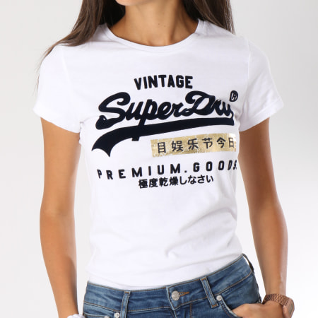 Superdry - Tee Shirt Femme Premium Goods Sport G10006SR Blanc Doré