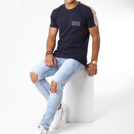 304 Clothing - Tee Shirt Oversize Bande Brodée Franco Bleu Marine Beige