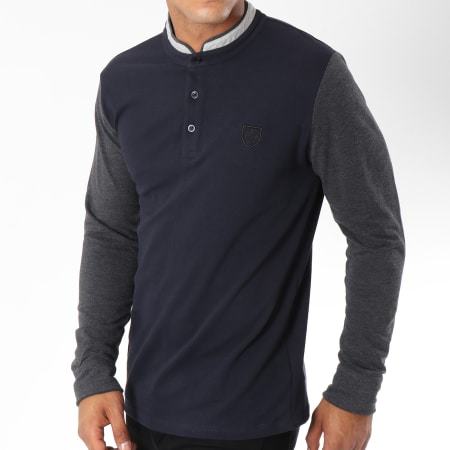 American People - Polo Manches Longues Turner Bleu Marine Gris Anthracite