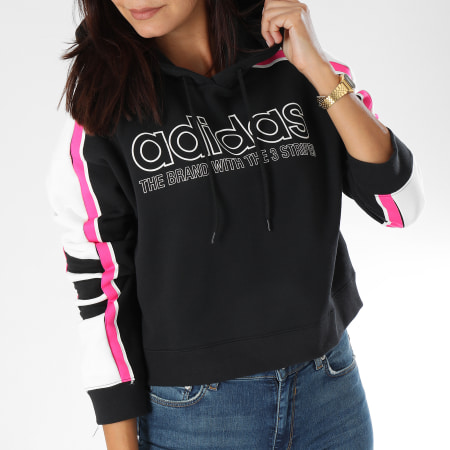 Adidas Originals - Sweat Capuche Femme Crop Bandes Brodées HD DH4124 Noir Rose Blanc 