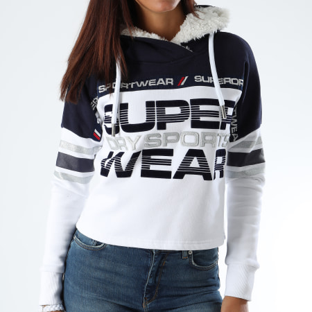 Superdry - Sweat Capuche Crop Femme Block Repeater Bleu Marine Blanc