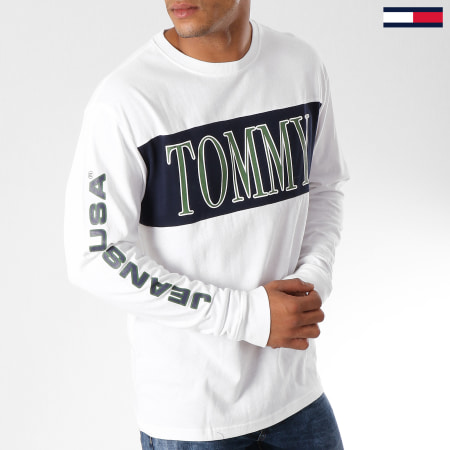 Tommy Hilfiger - Tee Shirt Manches Longues Retro 5197 Blanc Vert Bleu Marine