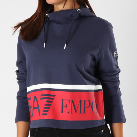 EA7 Emporio Armani - Tee Shirt Manches Longues Capuche Crop Femme 6ZTM09-TJ39Z Bleu Marine Rouge Blanc