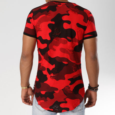 John H - Tee Shirt Oversize Avec Bandes 18126 Rouge Camouflage
