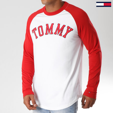 Tommy Hilfiger - Tee Shirt Manches Longues Oversize Raglan Baseball 5083 Blanc Rouge
