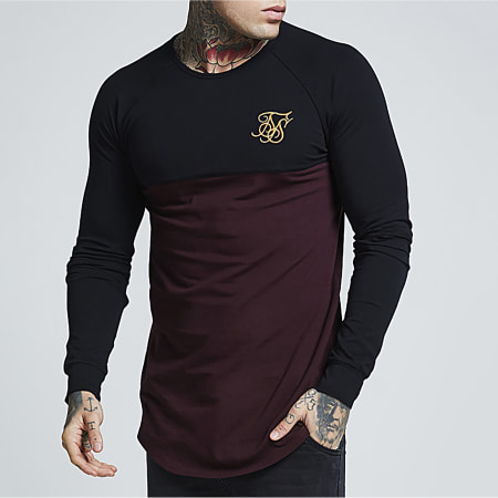 SikSilk - Tee Shirt Manches Longues Oversize Raglan Gym Noir Bordeaux