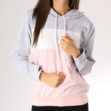 Girls Outfit - Sweat Capuche Femme 2427 Gris Chiné Blanc Rose