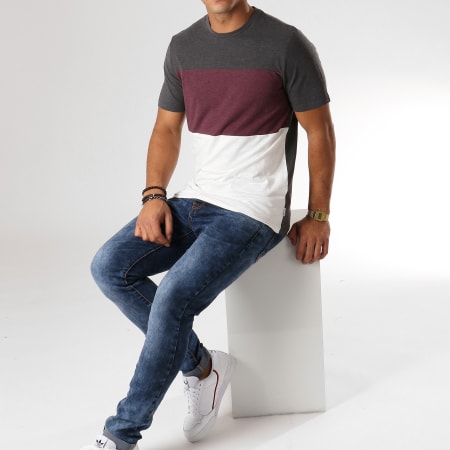 Only And Sons - Tee Shirt Hamill Gris Anthracite Chiné Bordeaux Blanc