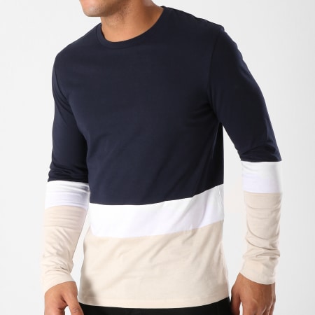 Celio - Tee Shirt Manches Longues Ametricolo Bleu Marine Ecru Blanc