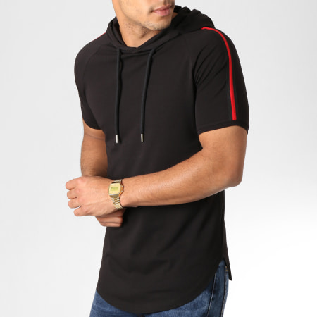 LBO - Tee Shirt Capuche Oversize Avec Bandes Noir Et Rouge 537 Noir
